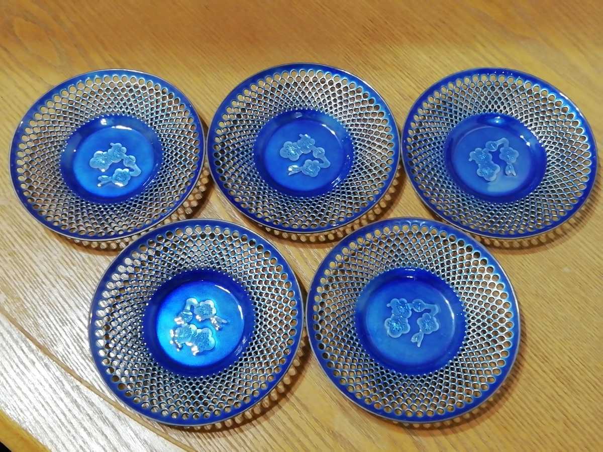 七宝焼き　小皿5枚セット(*^^*) 未使用 レース 七宝焼 5枚 藍色 紺色 透かし 細工 美術 茶托 青色 小皿
