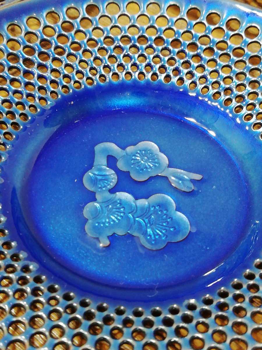 未使用 レース 七宝焼 5枚 藍色 紺色 透かし 細工 美術 茶托 青色 小皿