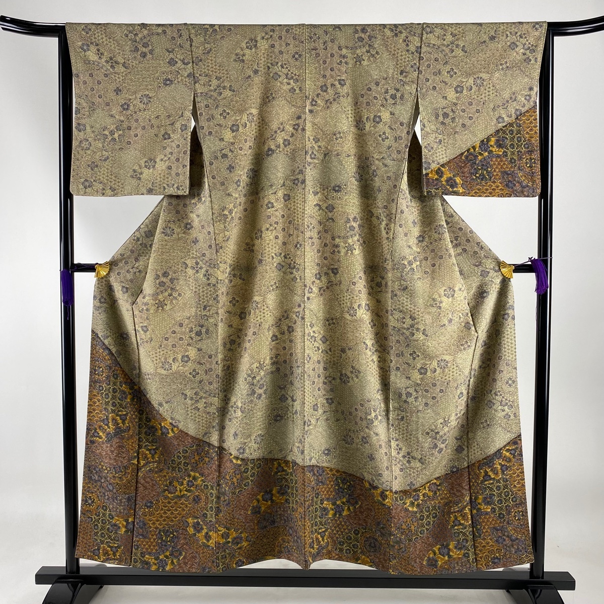 袷 訪問着 草花 M 扇面 裄丈64cm ぼかし 美品 正絹 S 身丈154cm 灰色 金彩 小紋 身丈154.5cm 訪問着の通販