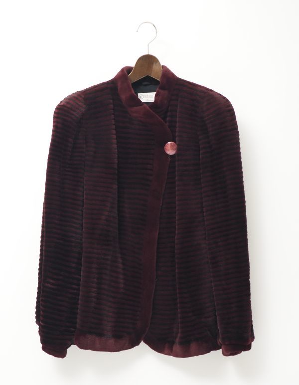 ME1047■最高級毛皮■サガミンク/SAGAMINK*ICRISTALLI*シェアードミンク*ファーコート*ショート丈*ボーダー*レッド×ダークブラウン系*F