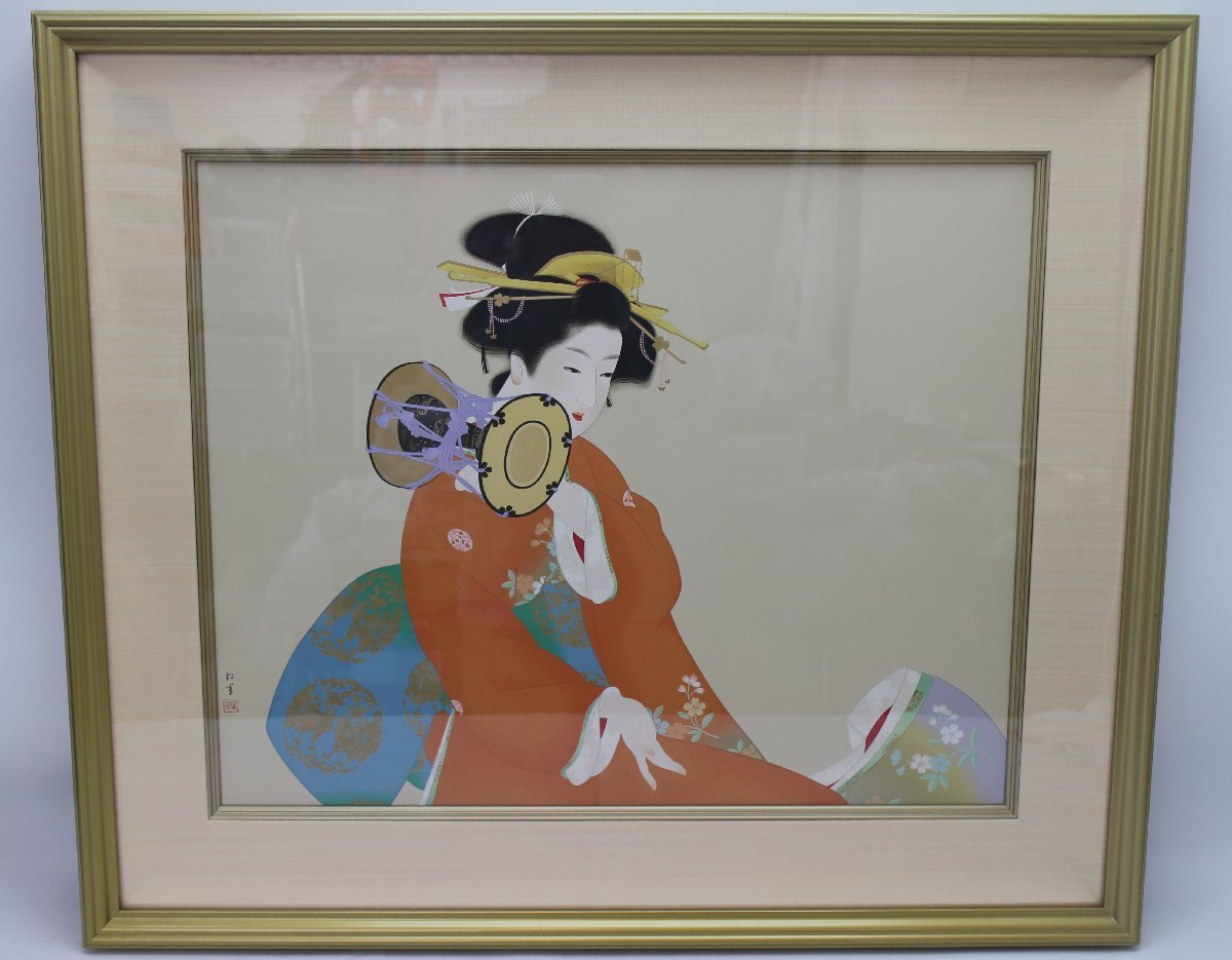 【店頭お渡し】文化勲章　上村松園 　『鼓の音』　美人画　日本画　複製　額装　インテリア　コレクションに 美品 上村松園 美人画 鼓の音 シルクスクリーン 文化勲章受章50周年