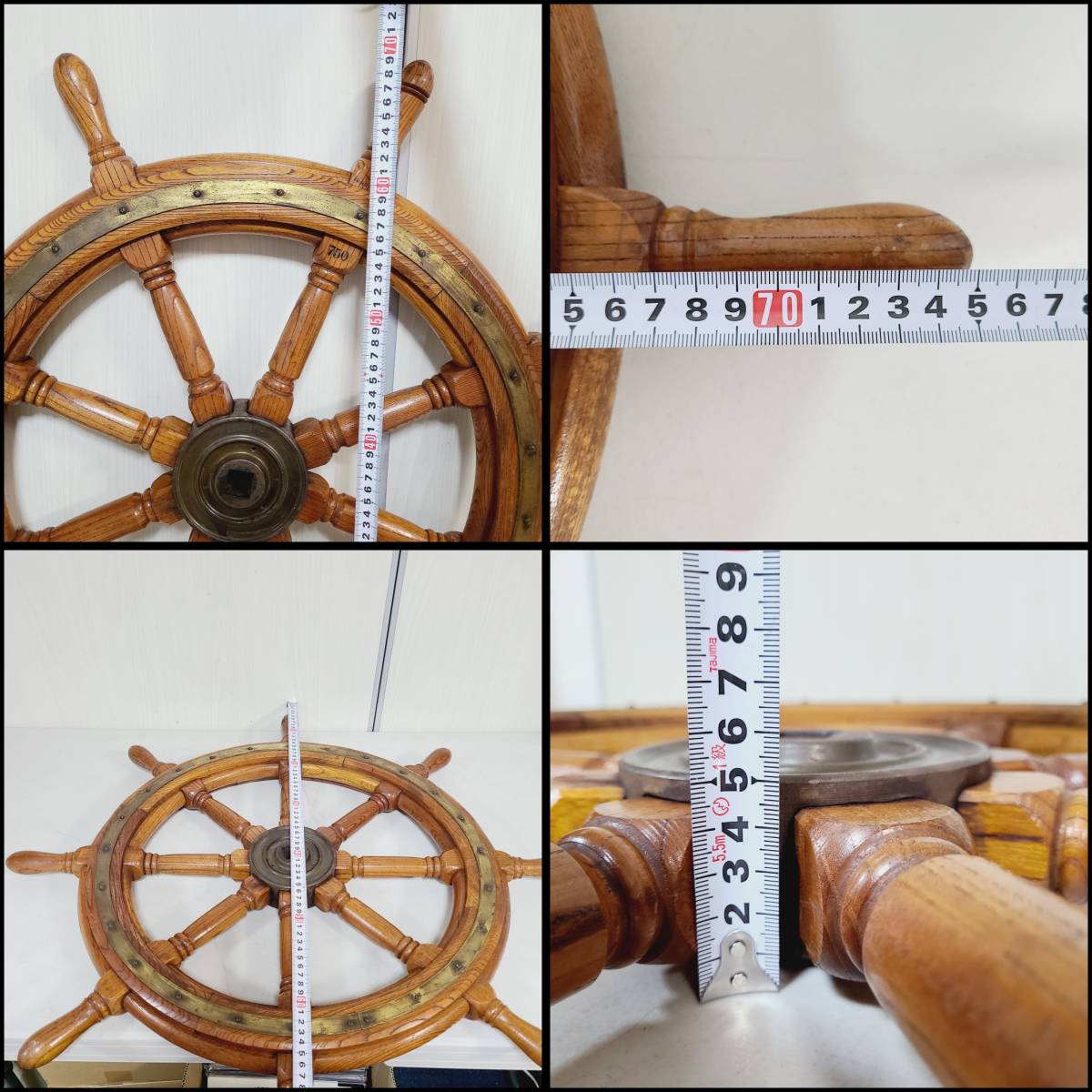 B】 巨大 船 舵 アンティーク オブジェ 大きい 直径75cm 特大 引き取り 