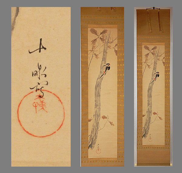 真作】□荒木十畝□秋梢啄木鳥図□共箱□肉筆□掛軸□掛け軸□日本画