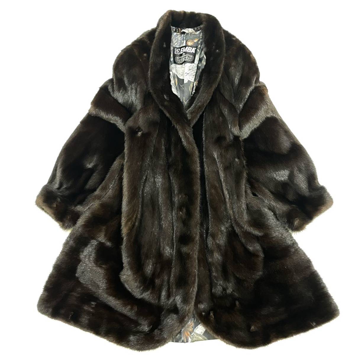EMBA エンバ MINK ミンク 本毛皮 ゴージャス コート(F)ブラック 裏地 総柄 レディース アウター エンバ EMBA コート 着丈70 9号 MINK☆ミンクリアルファーコート☆本毛皮☆エンバ