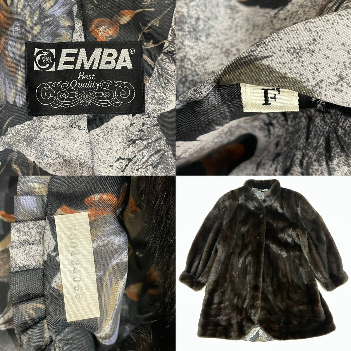 EMBA エンバ MINK ミンク 本毛皮 ゴージャス コート(F)ブラック 裏地 総柄 レディース アウター エンバ EMBA コート 着丈70 9号 MINK☆ミンクリアルファーコート☆本毛皮☆エンバ