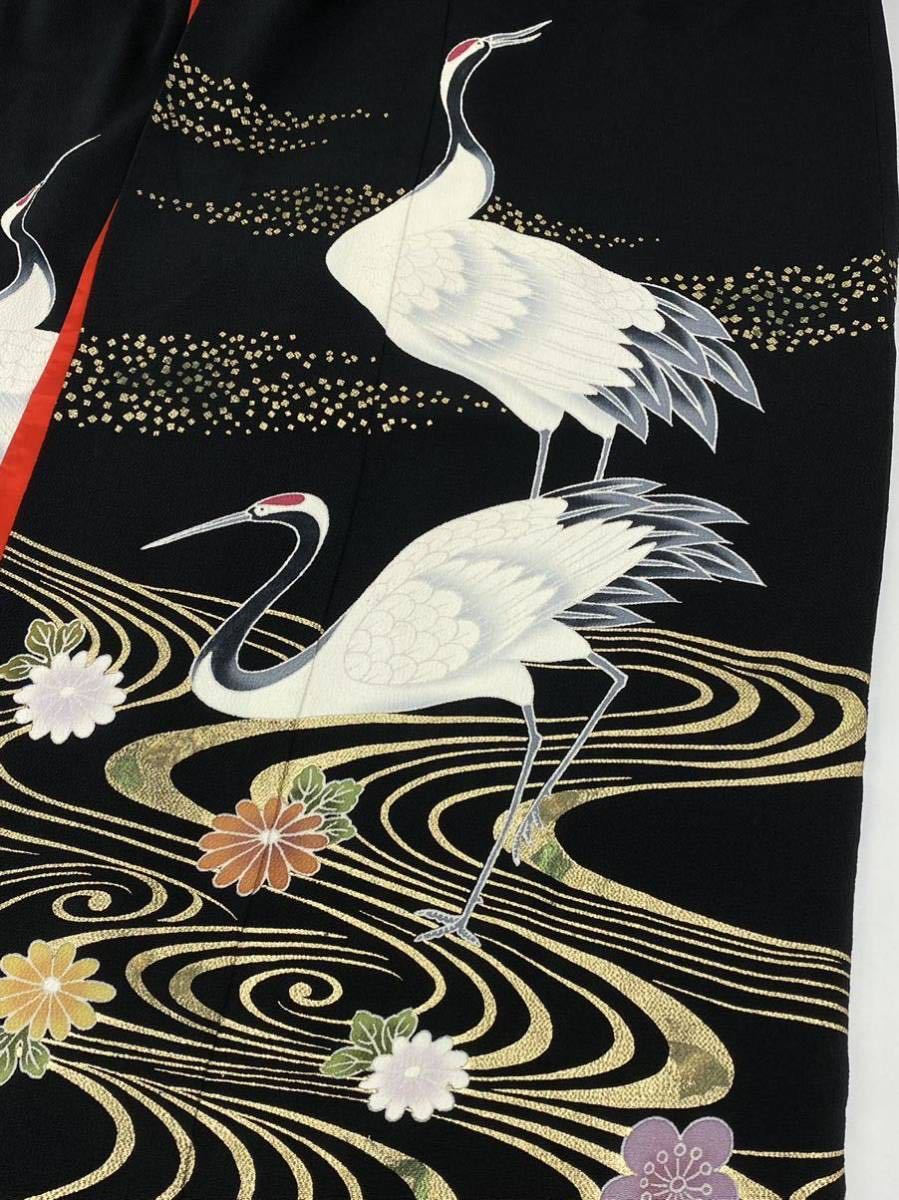 引き振袖 手描き友禅の黒に、乱菊と藤の花が咲き誇る作家物のお