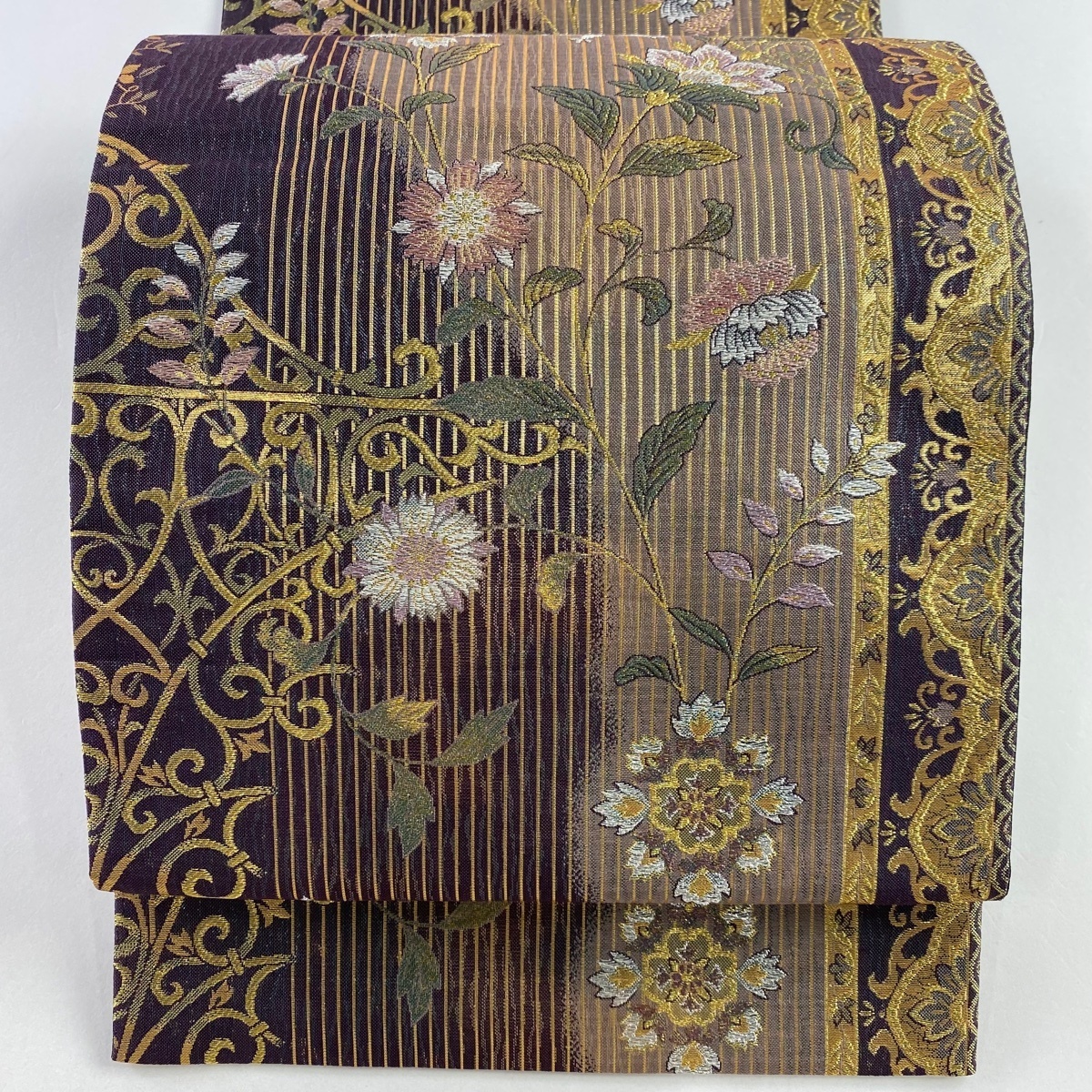 袋帯 美品 秀品 草花 縞 金銀糸 箔 濃紫 六通 正絹 【中古】 ☆☆☆