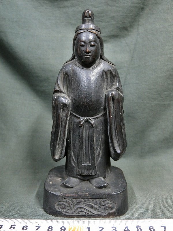 A0799 玉雲作 一刀三礼 木彫 安徳帝 神像 約17.5cm高 明治期