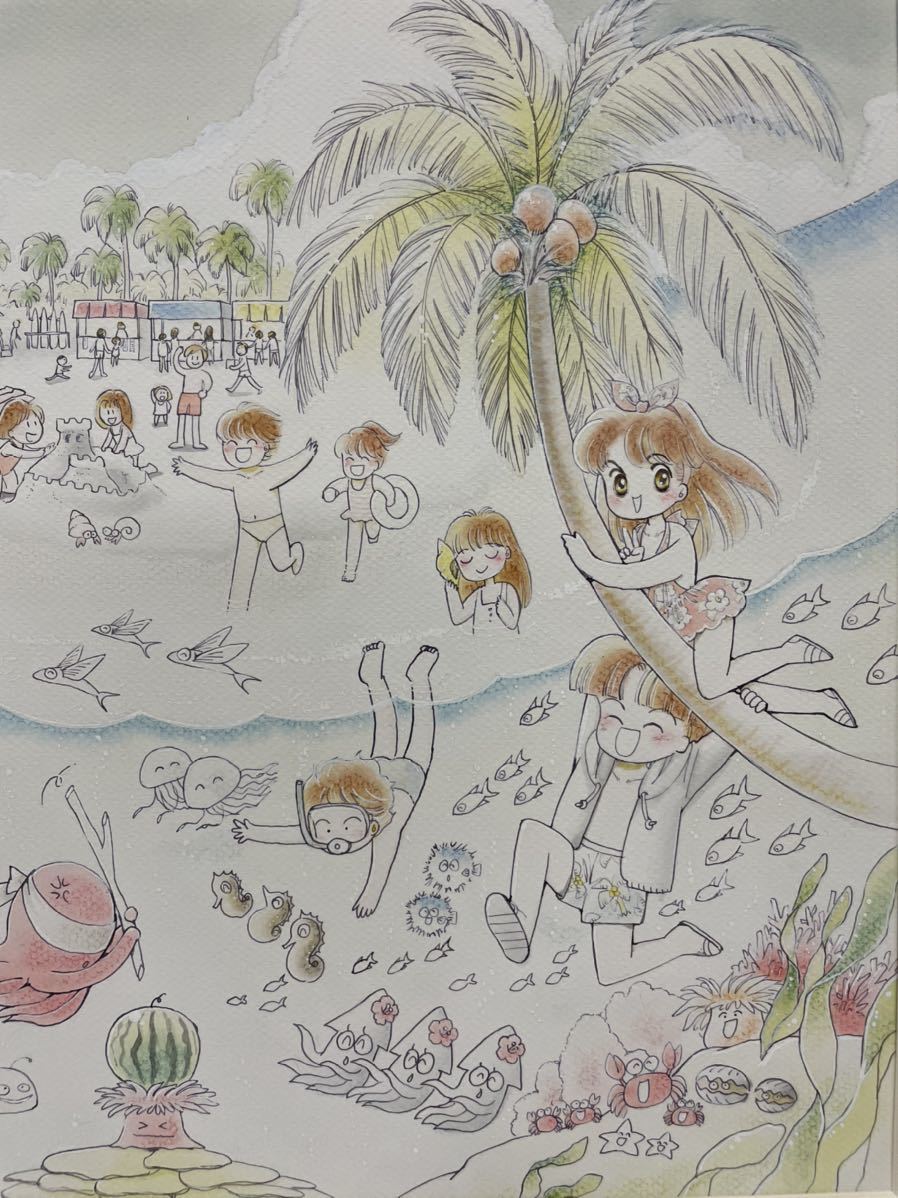 た-9-50】貴重品 入手困難 真作 藤井みどり なつのはまべ 直筆イラスト