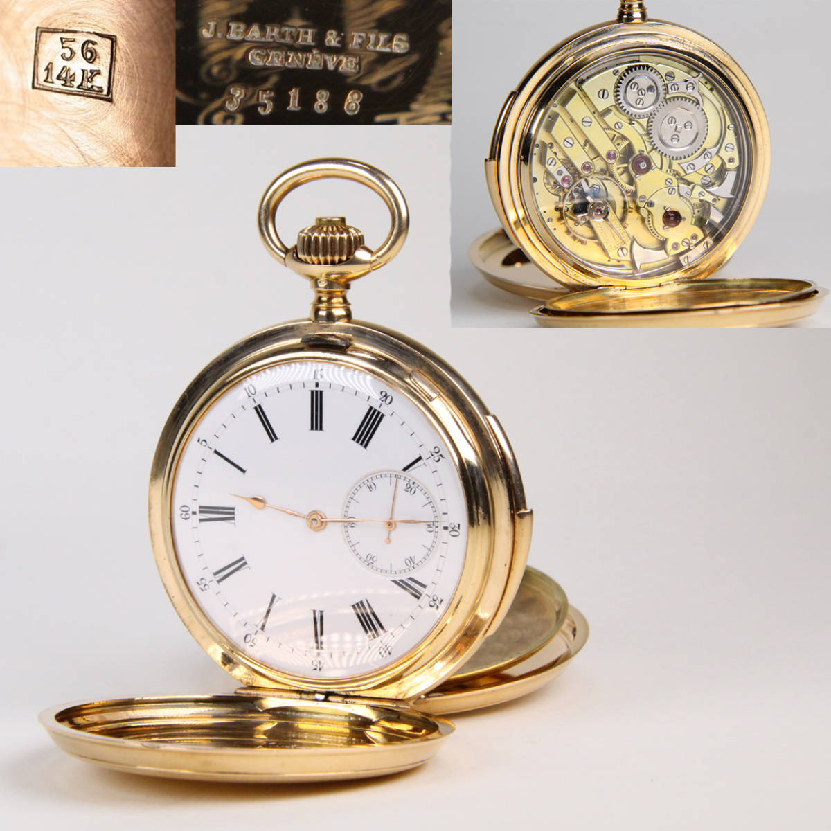 【動作テスト動画有】レア 美品 貴重 14金 ベル付き 懐中時計 J. Barth & Fils フルハンター 14k 126g 動作品 骨董 古美術 日本 純金_1