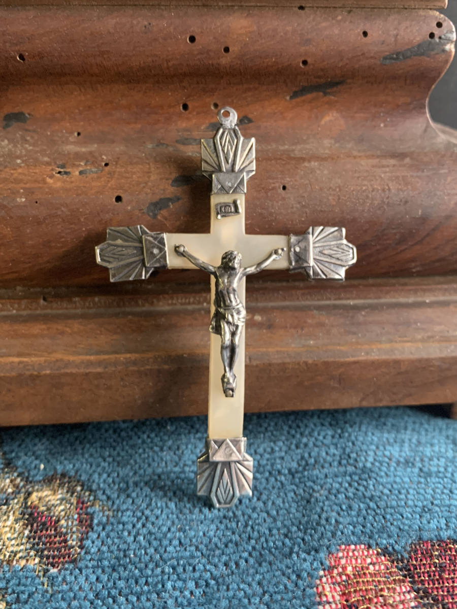 フランス 19世紀後期 シルバー 白蝶貝 銀 クロス 十字架 イエス 聖母 マリア メダイ キリスト ロザリオ 骨董 アンティーク 3