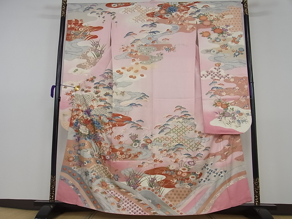 金彩 駒刺繍 逸品 花美人着物□豪華振袖 暈し染め 黒地 銀通し