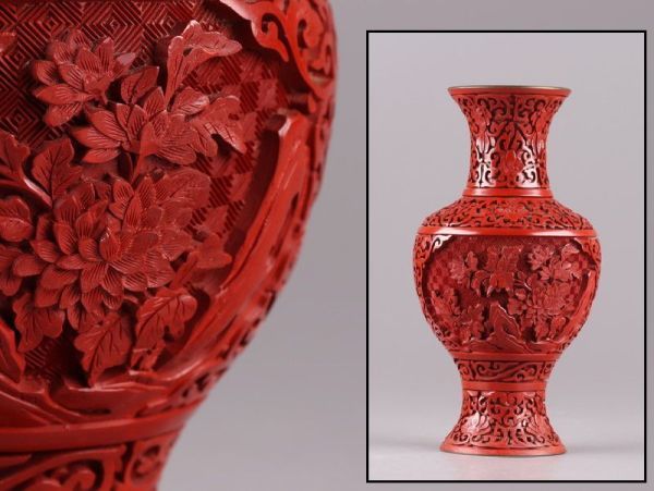 中国古玩 唐物 堆朱 花瓶 細密細工 時代物 極上品 中国古玩 花瓶 堆朱