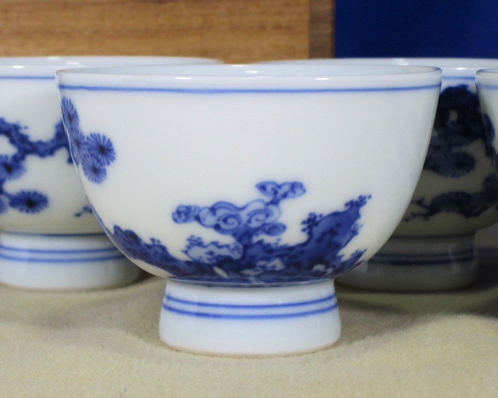 二世 三浦竹泉 青華 松文 煎茶碗 五客 識箱 / 煎茶道具 湯呑 美術品