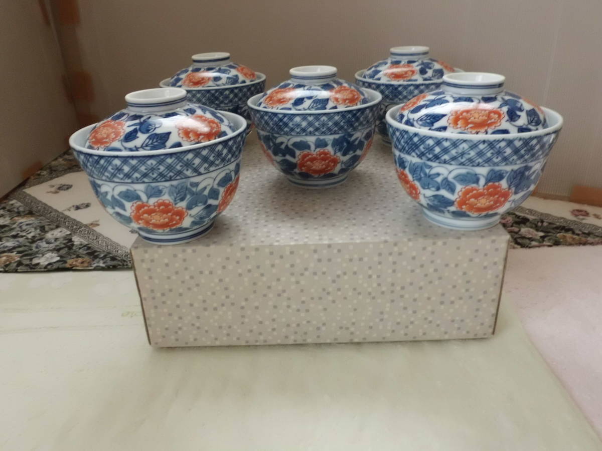 68□□ 新品！有田焼（鶴松作）蓋付き（お椀）5客セット □□(伊万里