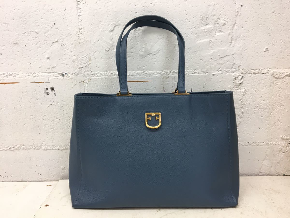 x0919-03☆FURLA レザートートバッグ ブルー系 ゴールドモチーフ 横幅 
