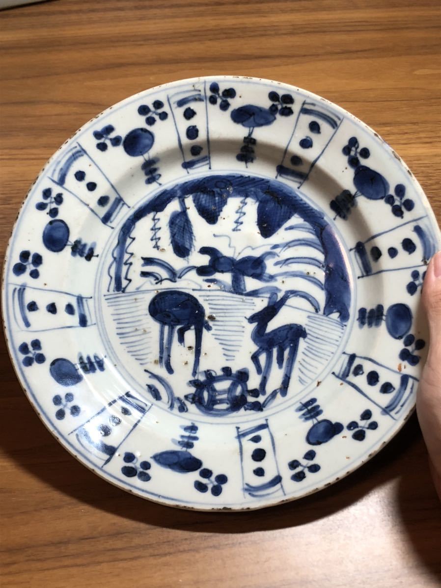 O*T様 中国古玩 明代芙蓉手鹿図染付皿 コレクターの出品】明時代のお皿その1 鹿 芙蓉手 古染付