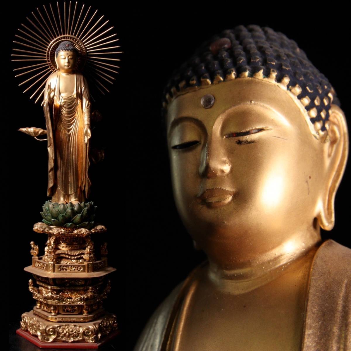 ◇錵◇ 仏教美術 木彫 阿弥陀如来像 47.5cm 玉眼 鍍金 時代物 仏像唐物