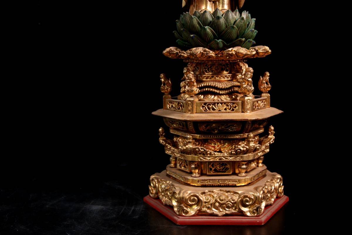 ◇錵◇ 仏教美術 木彫 阿弥陀如来像 47.5cm 玉眼 鍍金 時代物 仏像唐物
