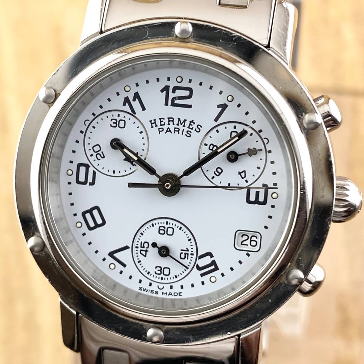 1円箱付】HERMES エルメス 腕時計 メンズ クリッパー クロノグラフ CL1 