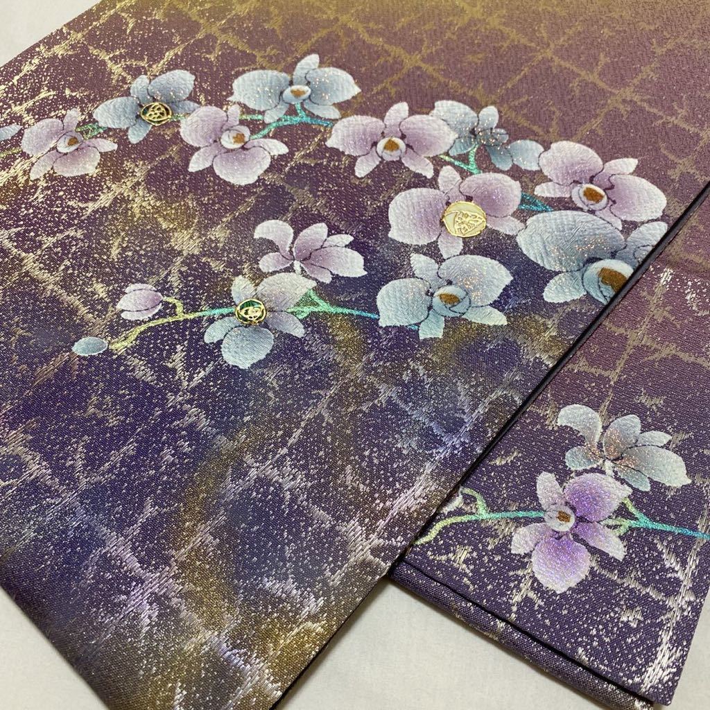 袋帯 正絹 花柄 螺鈿細工 几帳 着物月花 螺鈿細工 艶やかな胡蝶蘭の袋帯 未使用品 お太鼓