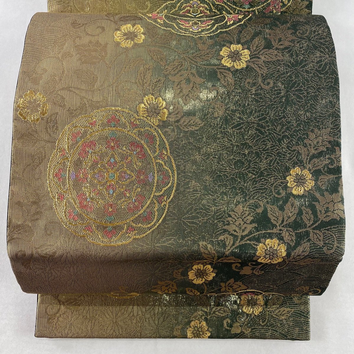 【競ナビ】袋帯 美品 秀品 華文 花唐草 箔 緑 六通 正絹 【中古】