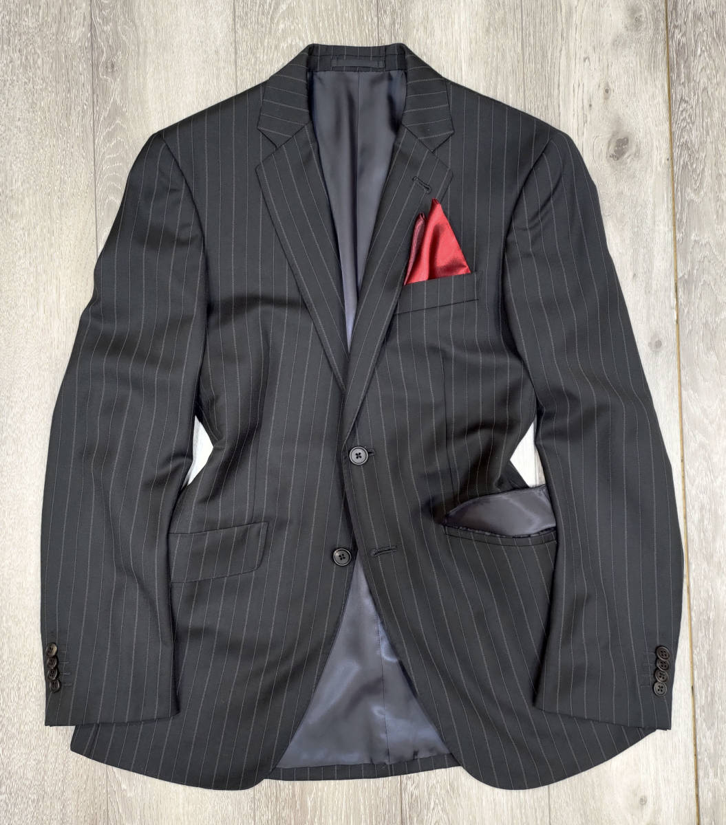 【美品】ポールスミス×タリア・ディ・デルフィノ生地 ブラックストライプ スーツ 90-76-170 (Mサイズ) Paul Smith LONDON