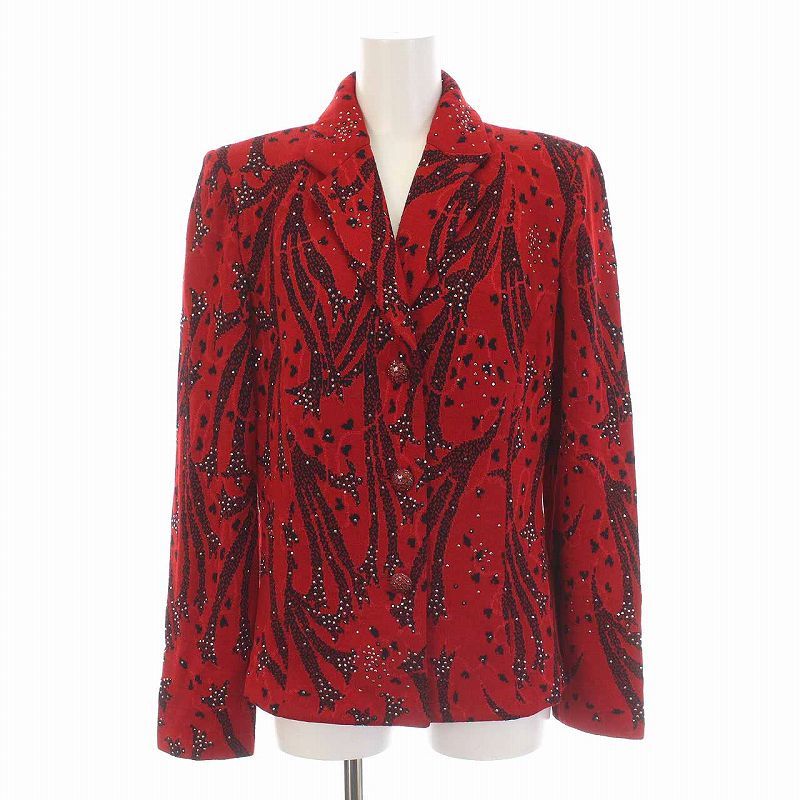 中古 セントジョン ST.JOHN EVENING BY MARIE GRAY テーラードジャケット 3B 総柄 ビジュー アウター 8 M 赤 レッド 黒 ブラック