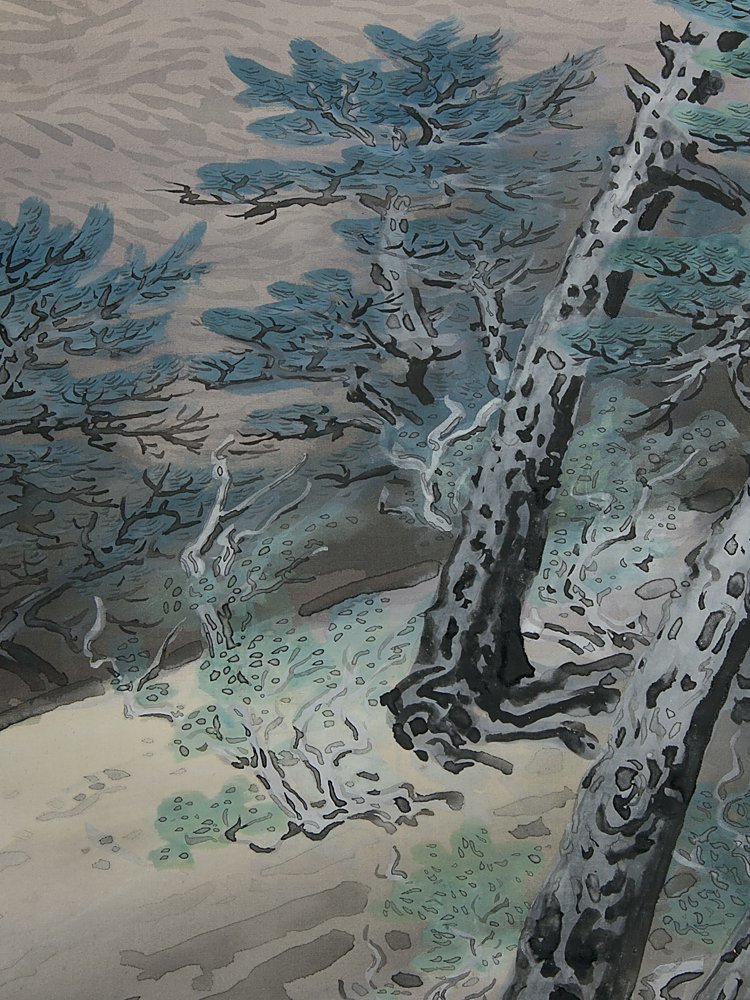 五】磯部草丘 『春暁』 絹本 彩色 真作 掛軸 共箱 ニ重箱 版画木版画
