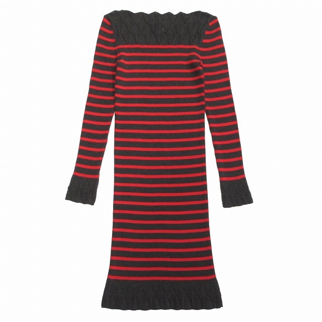  美品 ジャンポールゴルチエ ソレイユ Jean Paul GAULTIER SOLEIL ウール ニット ボーダー ワンピース ドレス ボートネック M グレー 赤
