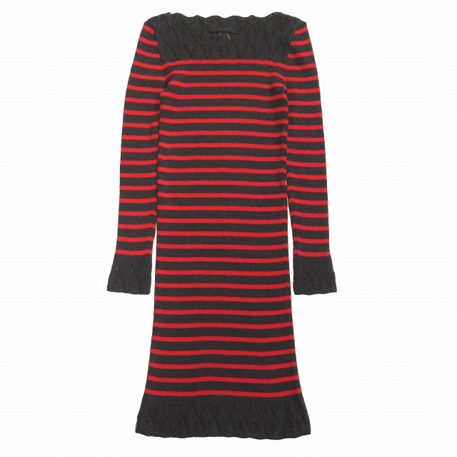 美品 ジャンポールゴルチエ ソレイユ Jean Paul GAULTIER SOLEIL ウール ニット ボーダー ワンピース ドレス ボートネック M グレー 赤