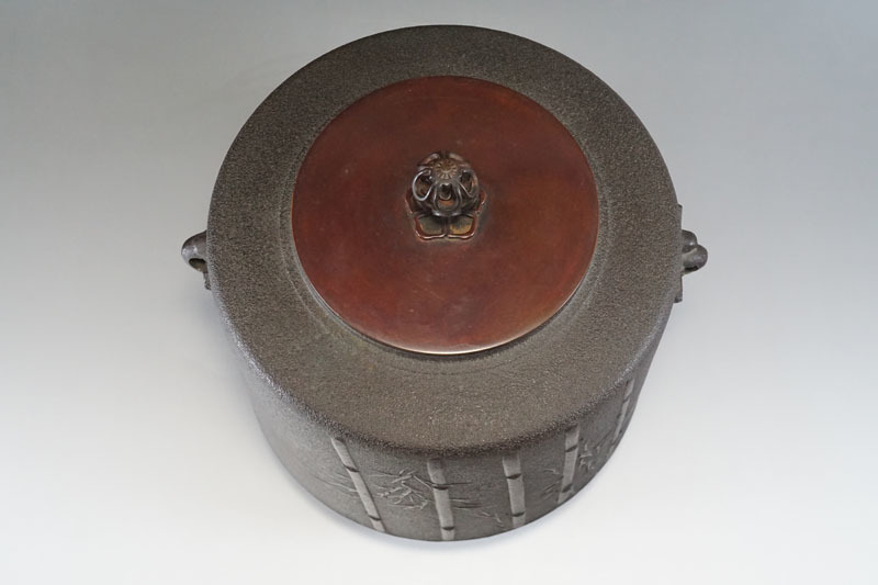 K718◇鋳師【金森紹栄】 竹紋肩衝釜 鳥形鐶 銅蓋