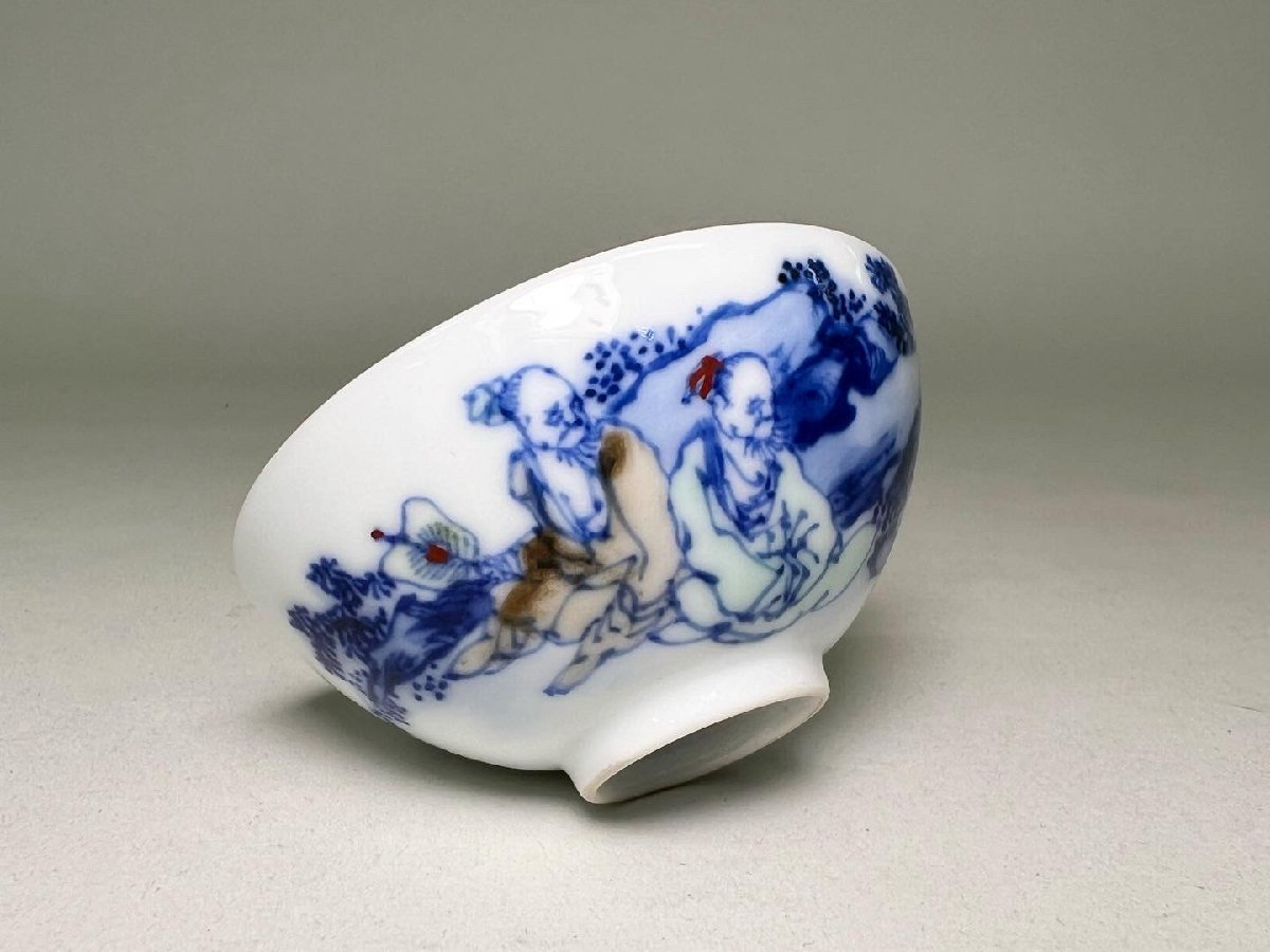 京都＊ 初代【 三浦 竹泉 】作 青華淡彩賢人図 盃 杯 共箱 保証品