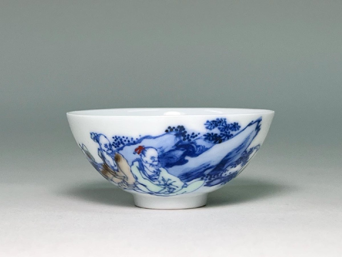京都＊ 初代【 三浦 竹泉 】作 青華淡彩賢人図 盃 杯 共箱 保証品