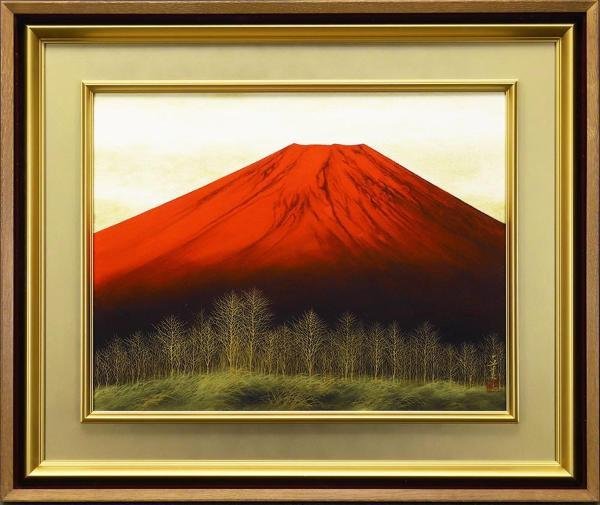 赤富士 倉田立美 真作 美品 倉田立美 「赤富士」 日本画10号 共シール タトウ箱入り