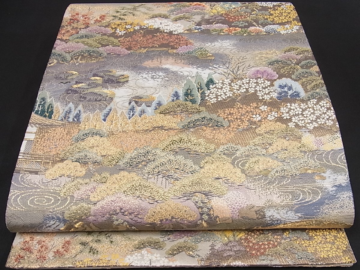 着物屋こころ□六通柄袋帯 風景花文 金糸 正絹 逸品 B-fe3070
