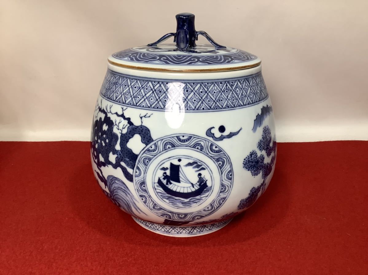 五良大甫 呉祥瑞 造 青衣風景 文 水指 染付 茶道具 現状品 古美術 骨董