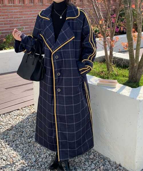 emi+ 新品タグ付き チェック柄 パイピングトレンチコート ネイビー L〜LL