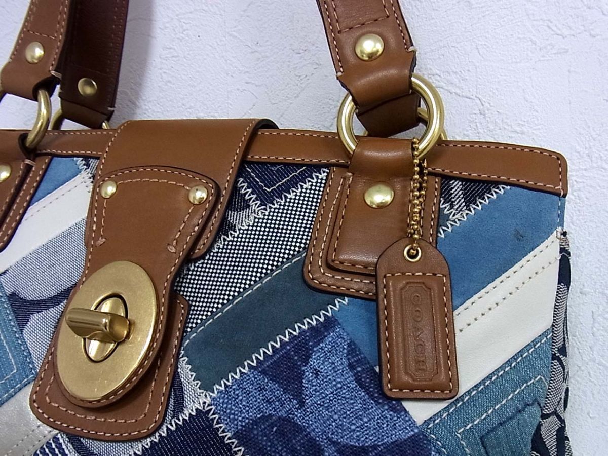 良品□COACH コーチ トートバッグ シグネチャー レザー×デニムパッチ