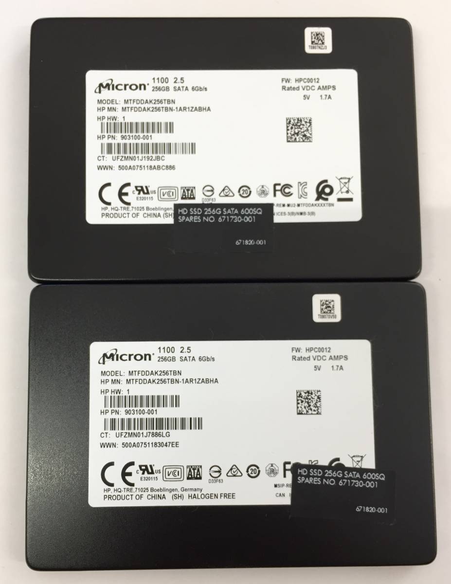 S4110230 Micron SATA 2.5インチ 256GB SSD 2点【中古動作品】 Micron