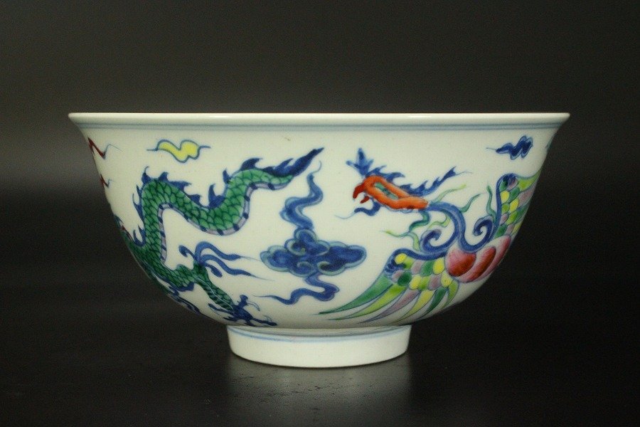 銀閣】中国美術 色絵 鳳龍紋 碗 成化年製款 旧家蔵出(YB705)