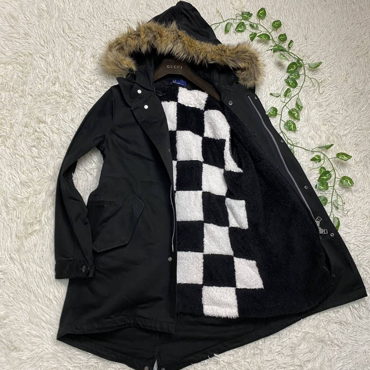 本物保証，定番 フレッドペリー FRED PERRY モッズコート ファー チェック 4way ライナー着脱 フード脱着 ボア ロング ミリタリー M相当 黒(Mサイズ)｜売買されたオークション情報、yahooの商品情報をアーカイブ Mサイズ
