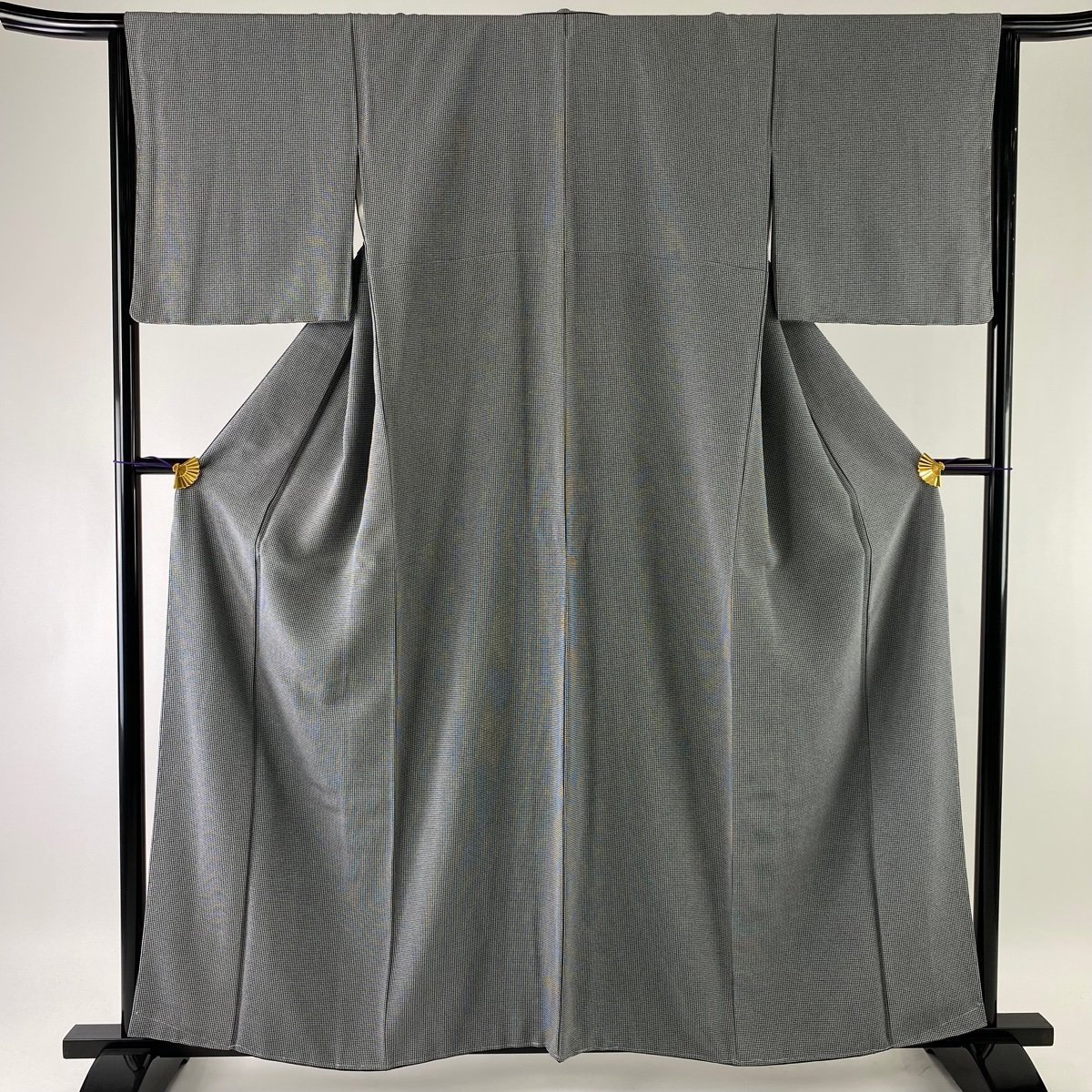 【競ナビ】 小紋 美品 名品 格子 灰色 袷 身丈159cm 裄丈64.5cm M 正絹 【中古】