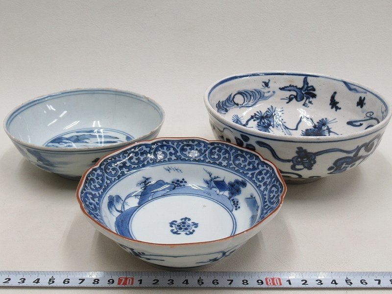 D2397 伊万里他 染付 山水文 松に鹿文 鉢 3客 小鉢 古伊万里献上手鉢