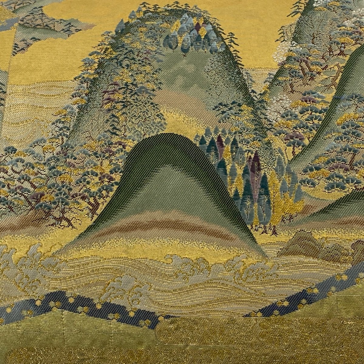 【競ナビ】 袋帯 美品 名品 長嶋成織物 瀞金錦 桃山山水図 風景 山なみ 金糸 箔 金色 お太鼓柄 正絹 【中古】