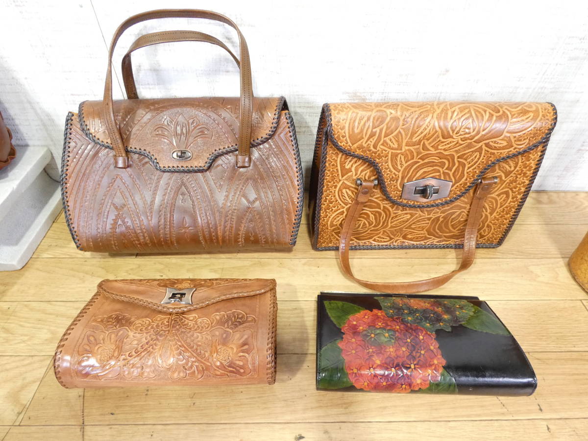 ▲カービングレザー バッグ他 25点まとめて ハンドバッグ/トートーバッグ/ポーチ/財布/ベルトなど ※中古品 ＠140