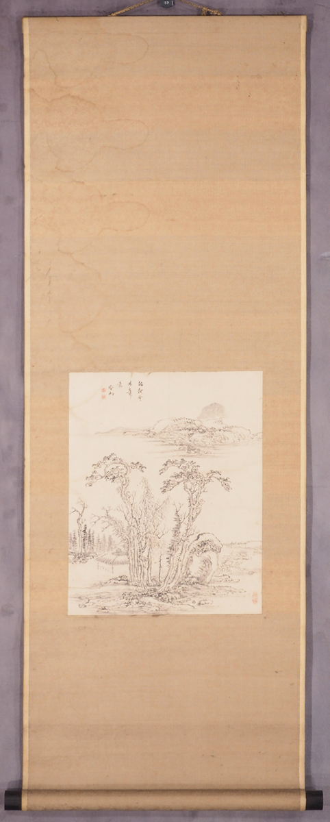 模写】【帆足杏雨】13376 掛軸 日本画 画賛 水墨山水画 箱付 紙本 大分