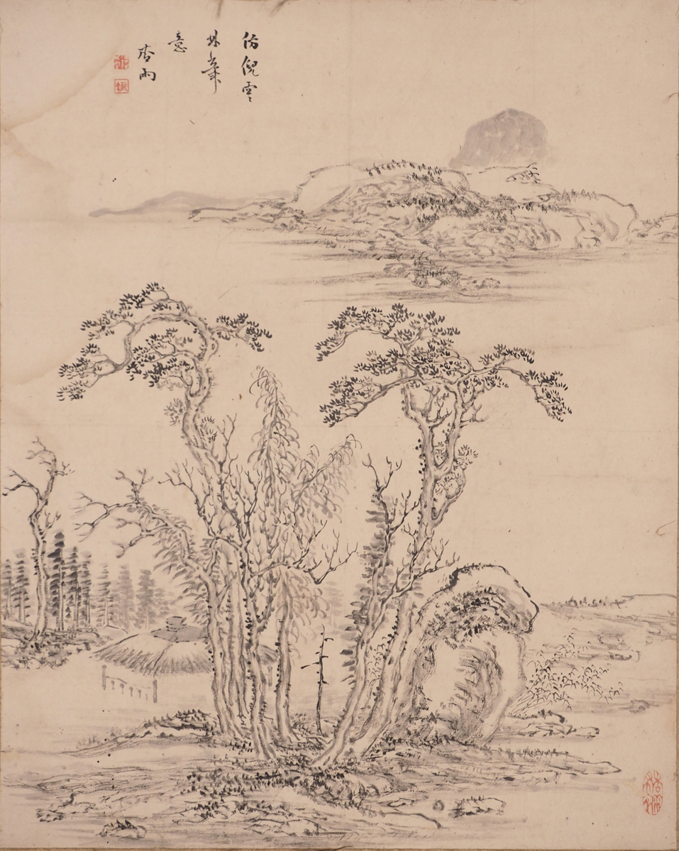 模写】【帆足杏雨】13376 掛軸 日本画 画賛 水墨山水画 箱付 紙本 大分