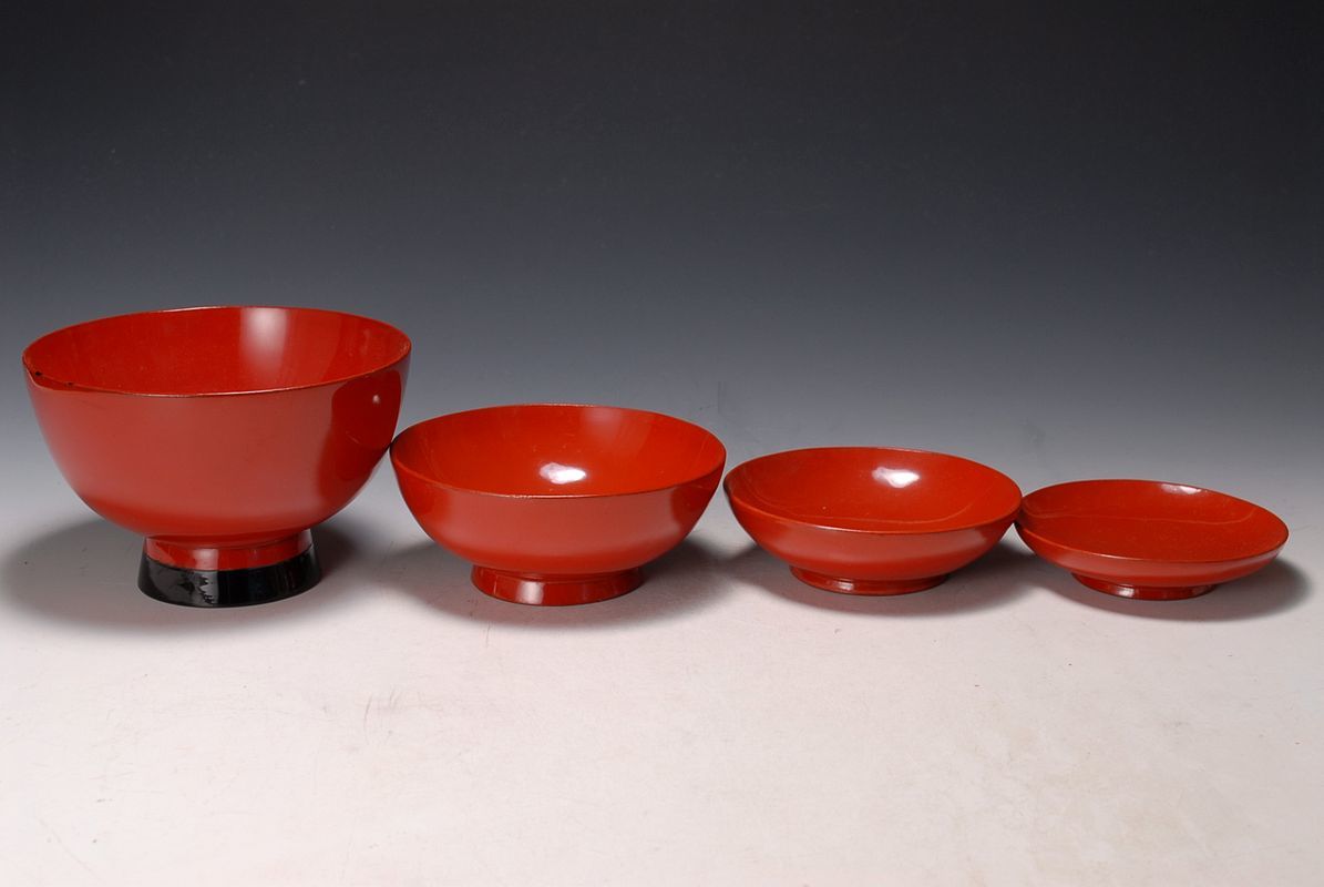 2498 明治大正期 四つ椀 応量器 漆椀 漆器 朱漆 根来(椀)｜売買された