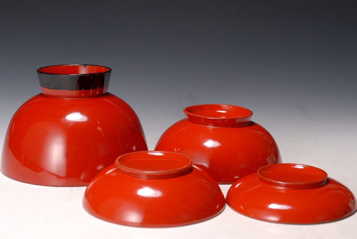 2498 明治大正期 四つ椀 応量器 漆椀 漆器 朱漆 根来(椀)｜売買された